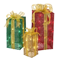 Hot Pre-Lit Multicolor Gift Boxes, Set of Three, White Lights Yard Decorations