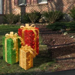 Hot Pre-Lit Multicolor Gift Boxes, Set of Three, White Lights Yard Decorations