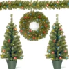 Sale Pre-Lit Promotional Green Assortment Set of 2 Entrance Trees, 1 Wreath, 1 Garland Assortment Bundles