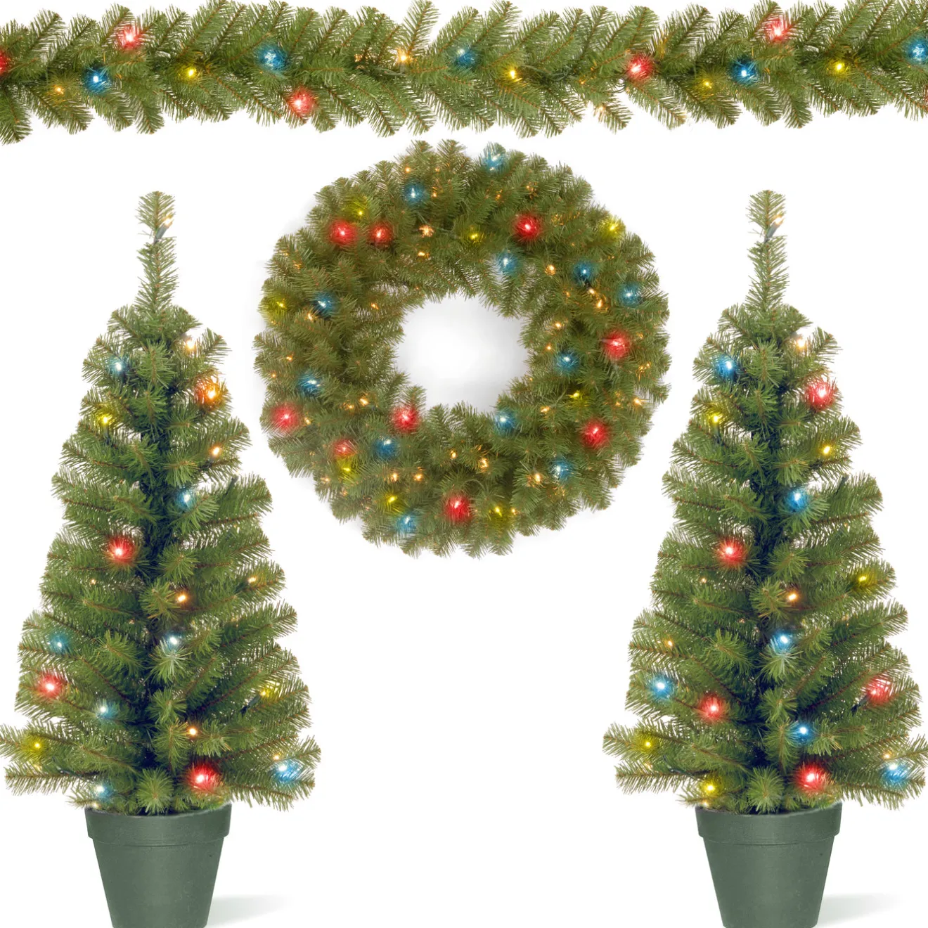 Sale Pre-Lit Promotional Green Assortment Set of 2 Entrance Trees, 1 Wreath, 1 Garland Assortment Bundles