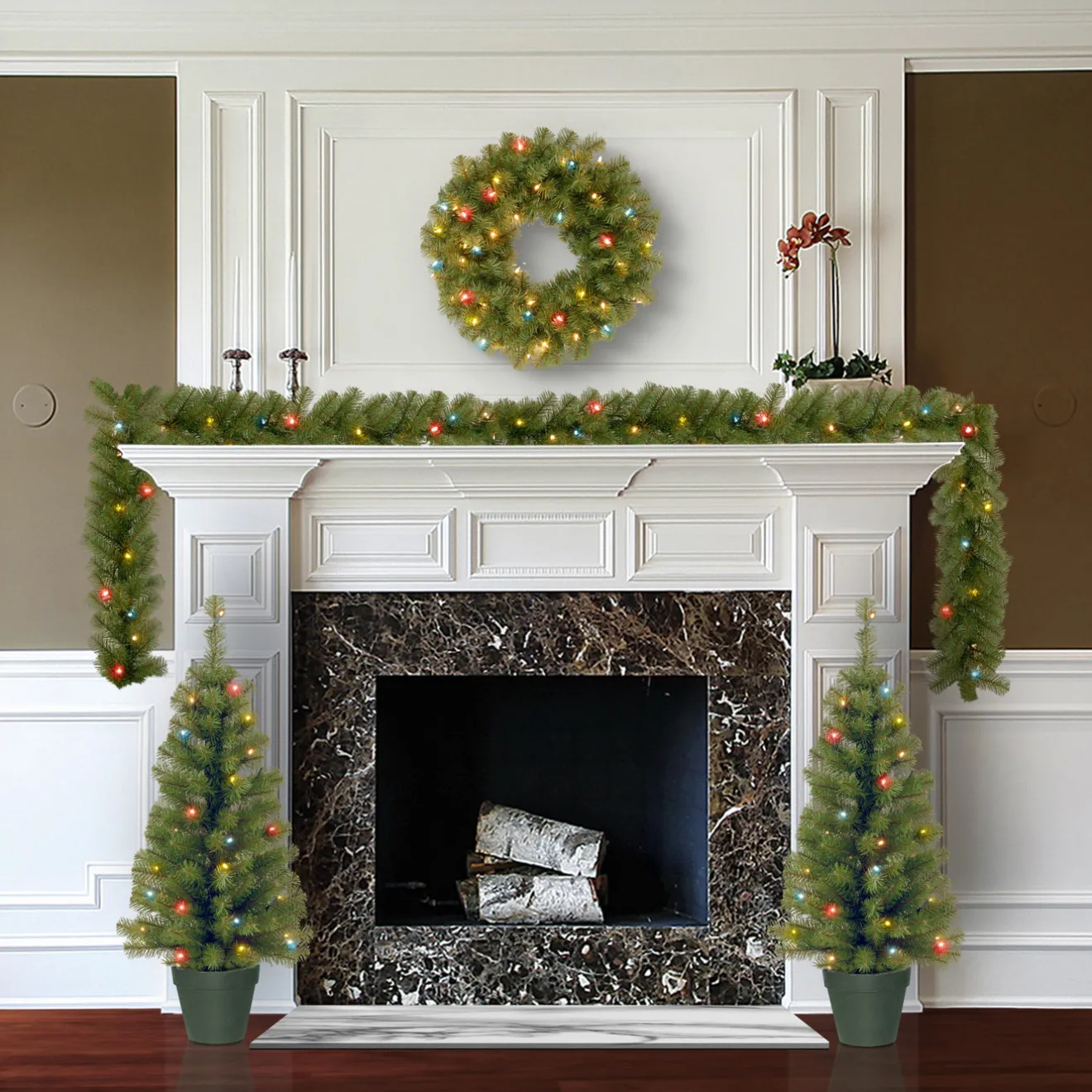 Sale Pre-Lit Promotional Green Assortment Set of 2 Entrance Trees, 1 Wreath, 1 Garland Assortment Bundles