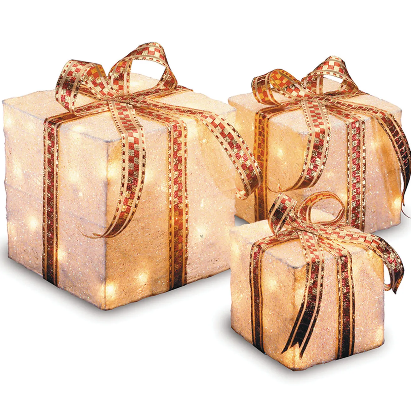 Best Pre-Lit White and Gold Gift Boxes, Set of Three, White Lights Decorative Accents