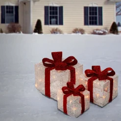 Sale Pre-Lit White Gift Boxes, Set of Three, White Lights Yard Decorations