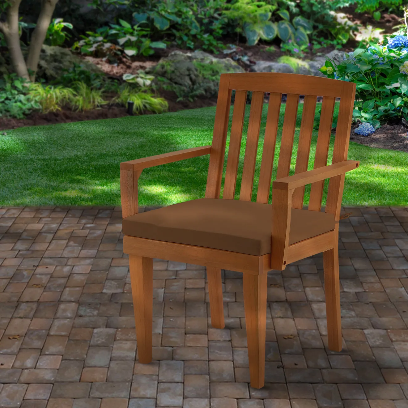 Discount 24x26x37 in. Eucalyptus Grandis Wood Dining Armchair, Natural Color with Chocolate Cushion and Polyester Pad Patio Furniture